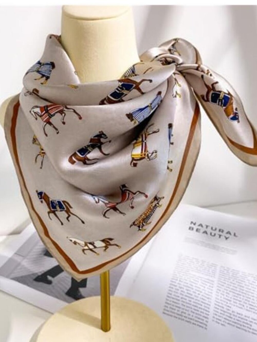 Beige Brown 100% Mulberry Silk Square Scarf Horse Print 21" Hair Head Wrap